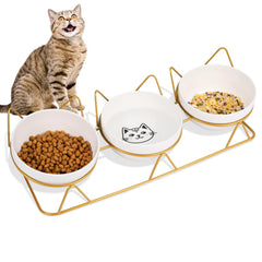 Wedding Pails Elevated Cat Bowls with 3 Ceramic Bowls5 inches Food & Water Bowls 15° Tilted Raised Feeding Dishes with Metal Stand for Multiple Cats Dog Pet Gold